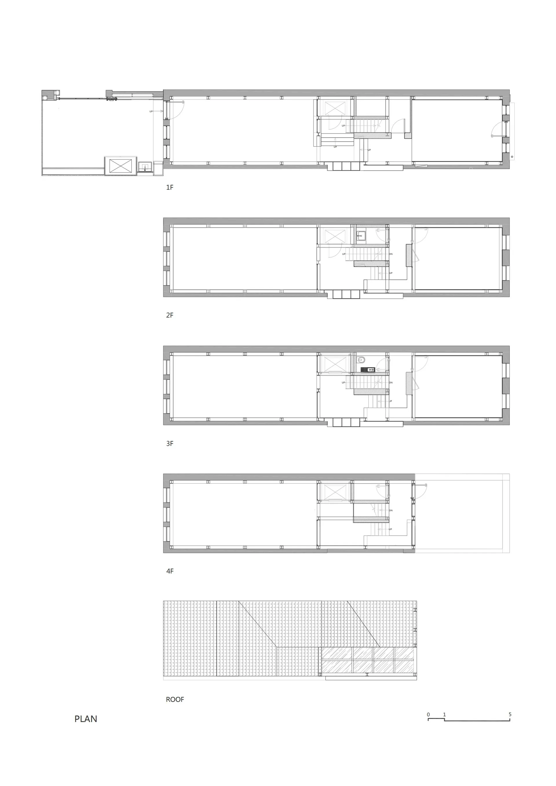 Detailed architectural drawing of a residential building's vertical layout, showcasing different rooms and spaces.