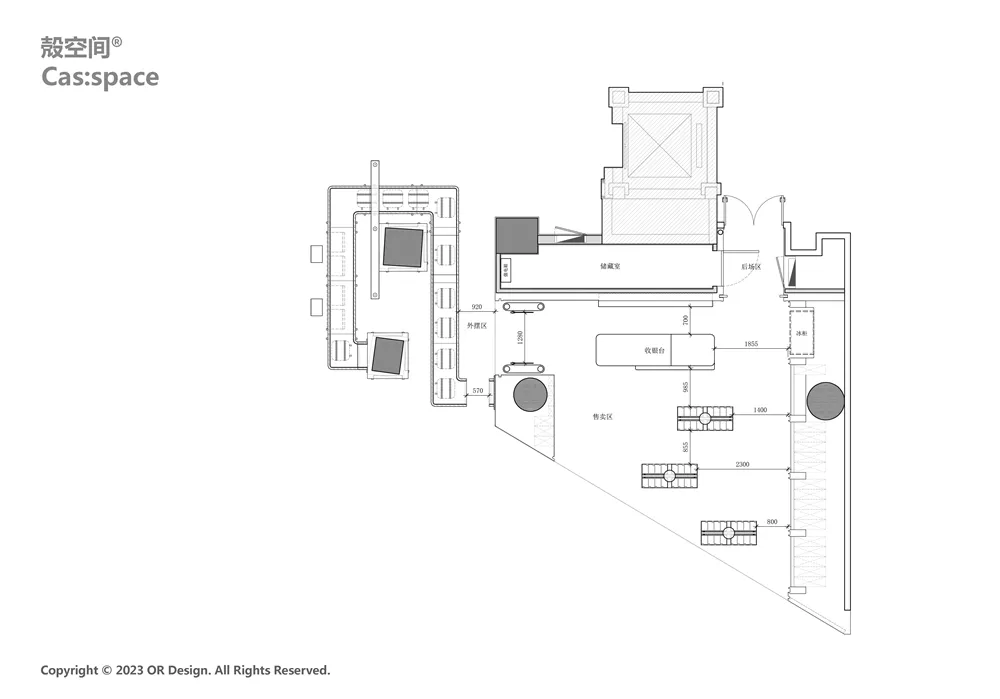 零售店面詳細建築平面圖,展示各功能區域配置。