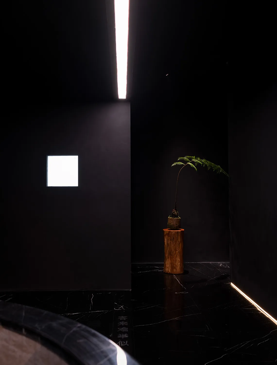 Modern minimalist bedroom with dark marble floor and walls, featuring a single plant in a wooden pot.
