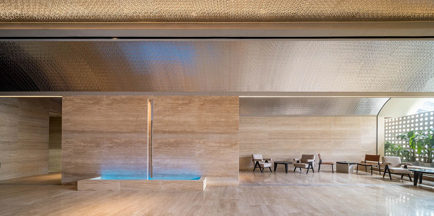 Modern lobby with marble floor and walls