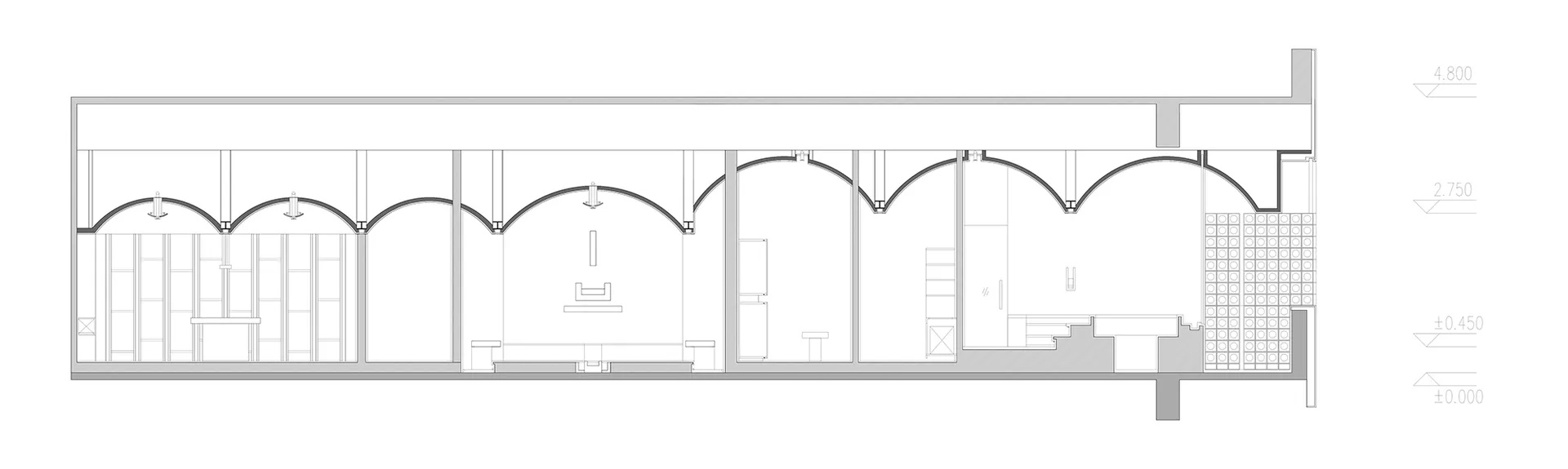 A detailed 2D architectural drawing of a modern retail storefront with an open layout, large windows, and a central staircase