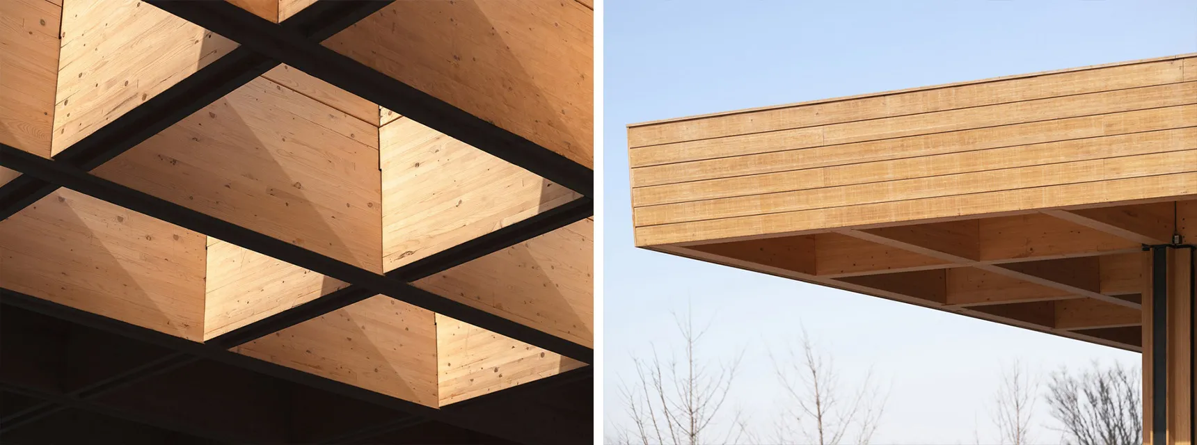 A modern wooden architectural structure with exposed beams and a clean design.