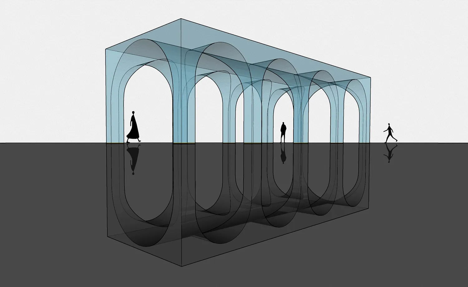 Silhouettes of people walking through an abstract architectural rendering of an interior space with arched doorways.