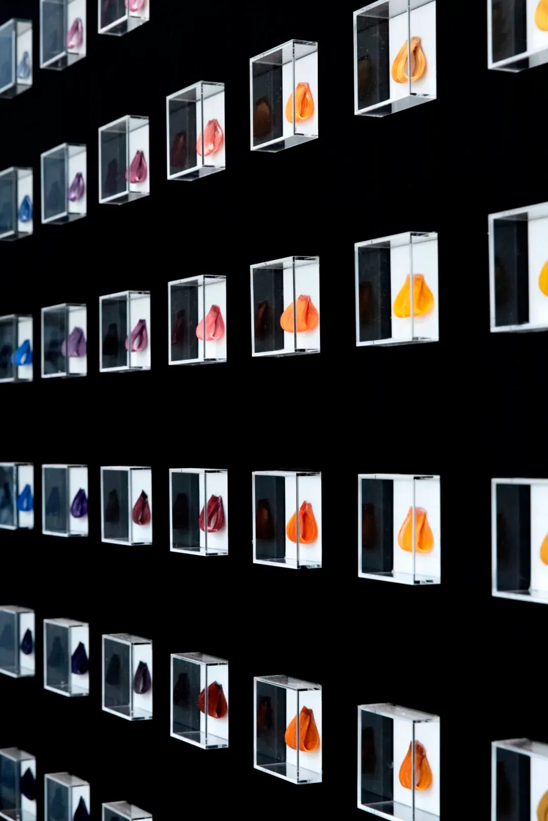 Modern art installation featuring glass sculptures with vibrant colors on a black background.