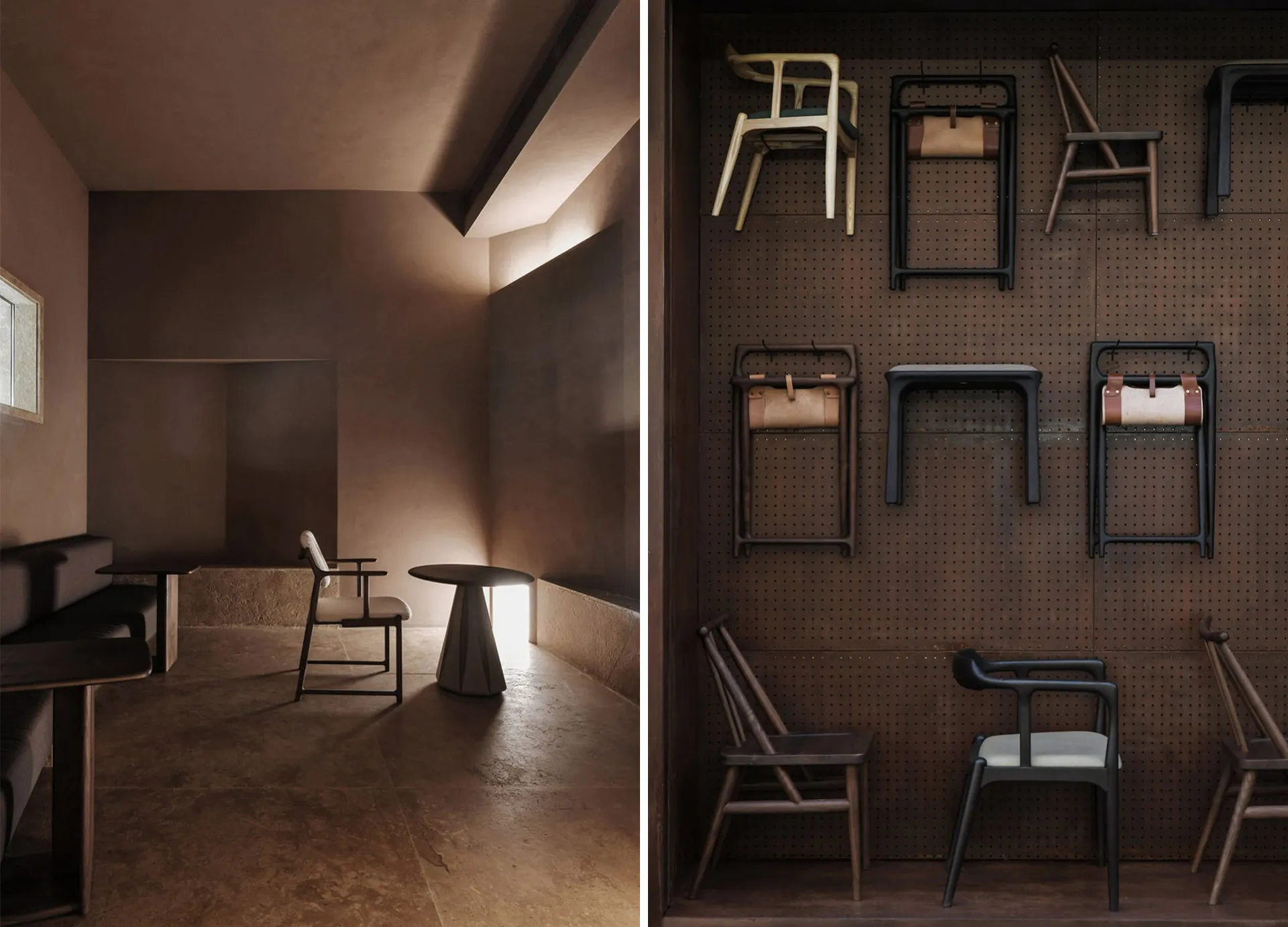 A collection of modern wooden chairs displayed in a dark, minimalist room with a single window.