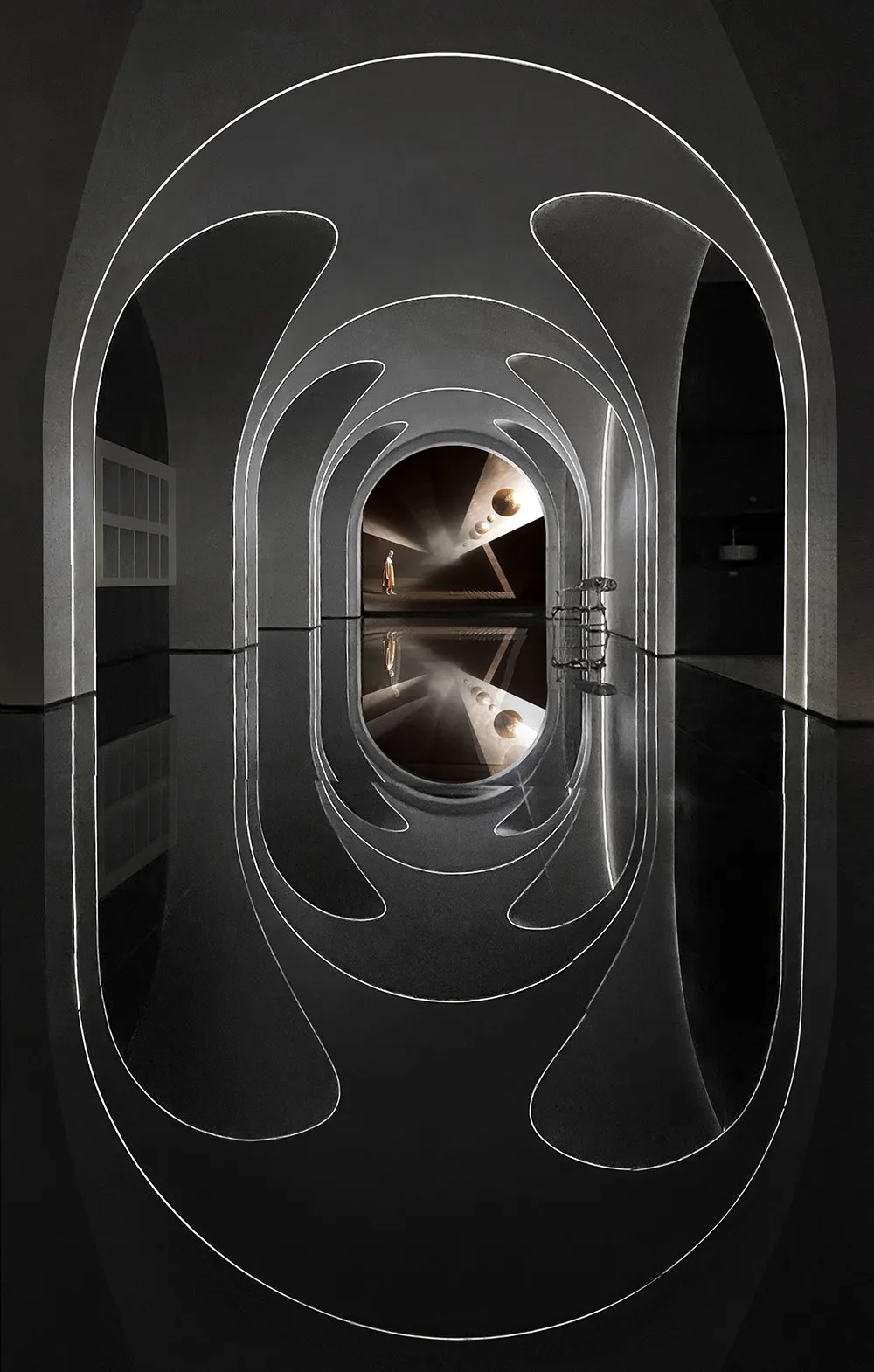 An abstract architectural interior space with concrete walls and a reflective floor.