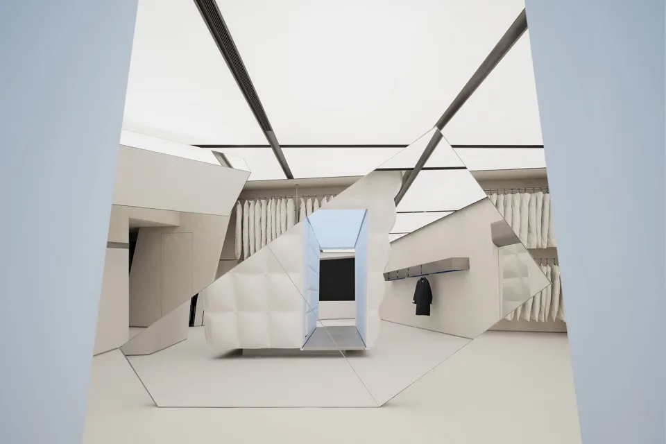 Modern retail store interior with white floor, geometric shapes, and a minimalist design.