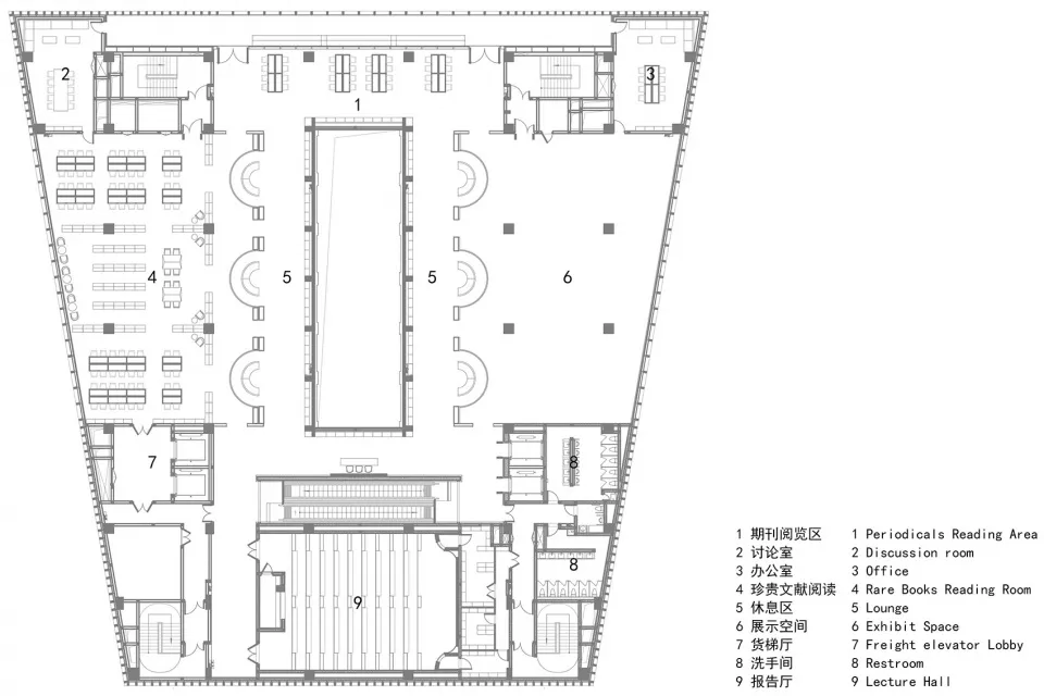 A detailed architectural drawing depicting the ground floor layout of a library, showcasing various functional zones such as