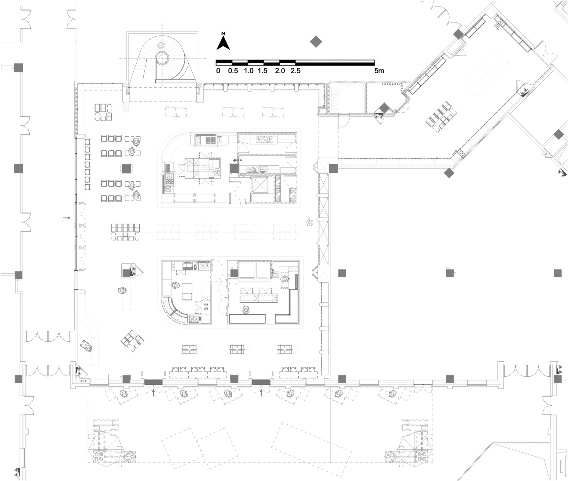 2D architectural drawing of a modern commercial space with mixed materials and open layout