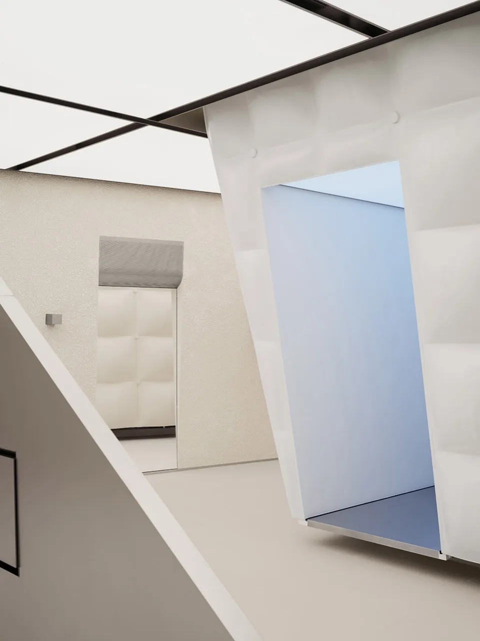 A modern interior space featuring a glass wall and white walls and floors