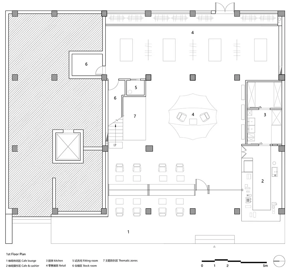 Retail shop with a central seating area, retail zones, and a kitchen.