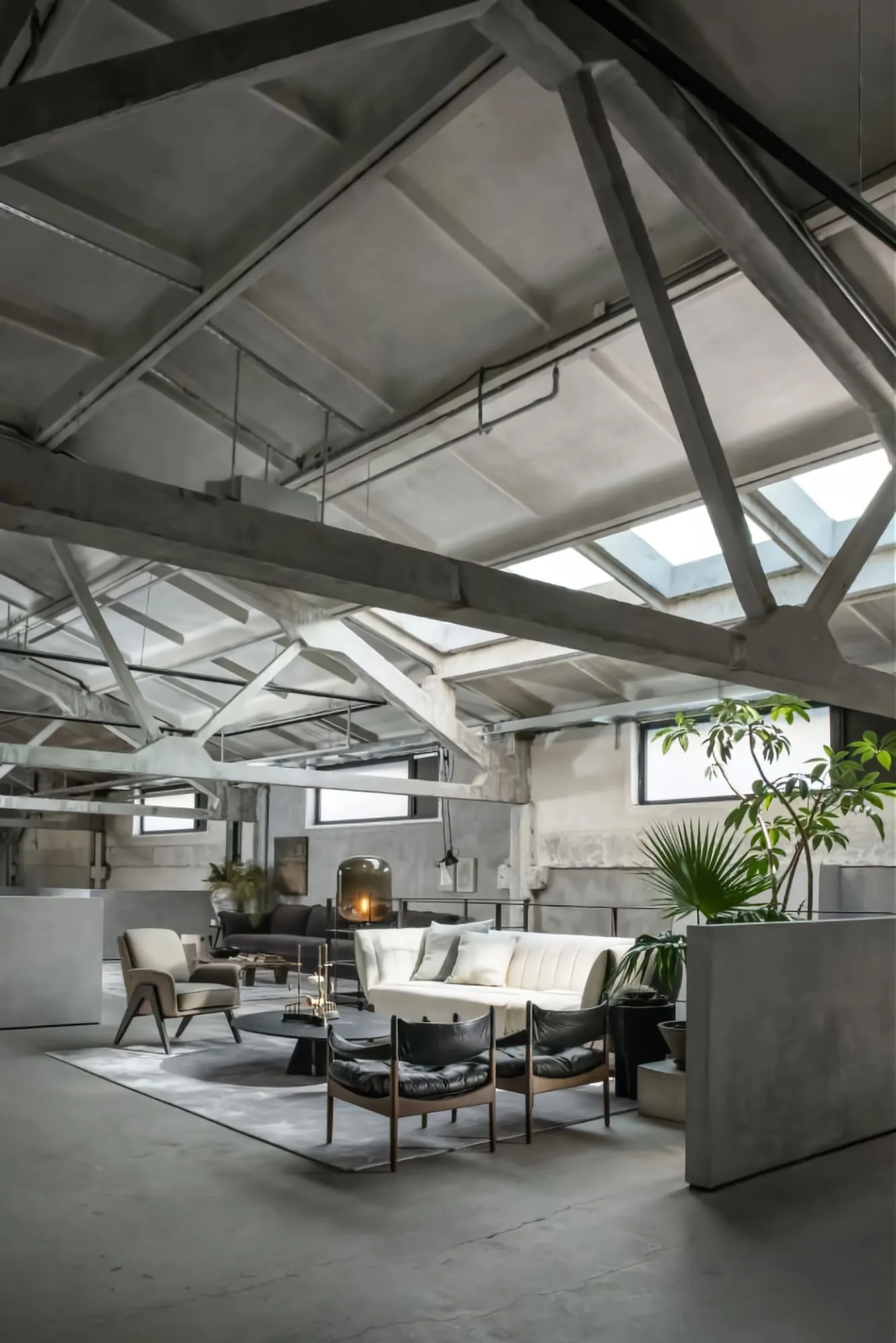 Industrial-style loft living space featuring exposed concrete beams, large windows, and minimalist furniture.