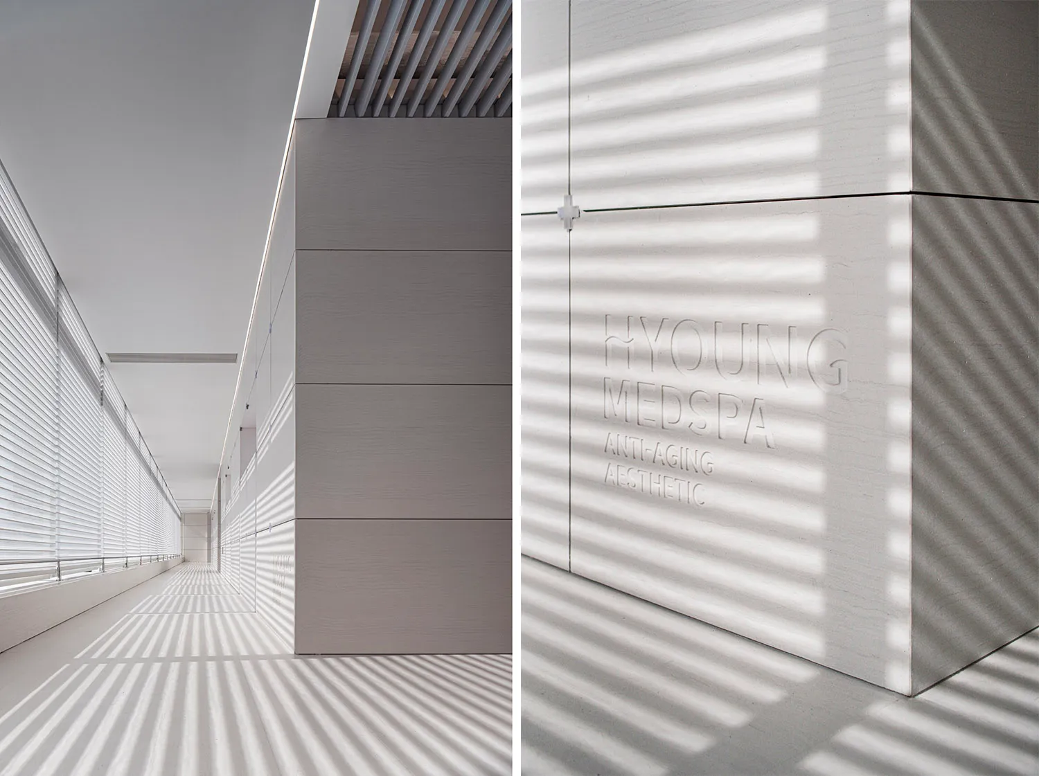 極簡走廊,混凝土牆面呈現由垂直窗戶透入的陽光所形成的紋理圖案,