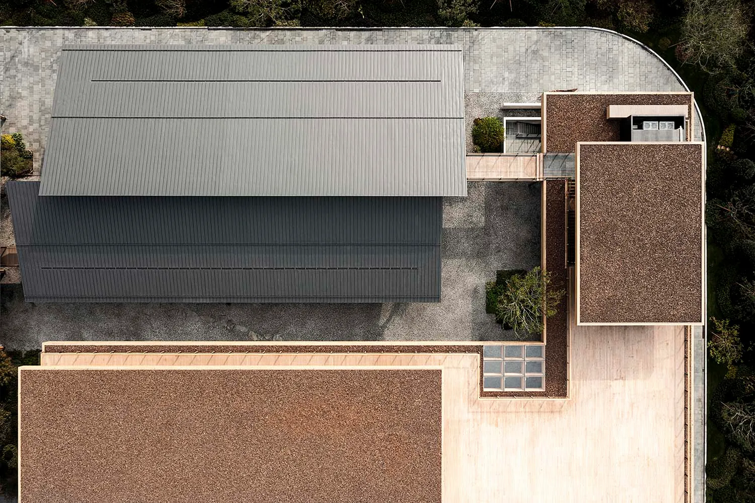 Aerial view of a modern roof panel made of metal materials.