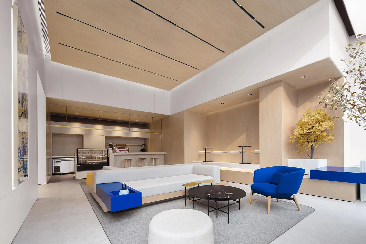 Modern living room with contemporary wooden furniture and walls.