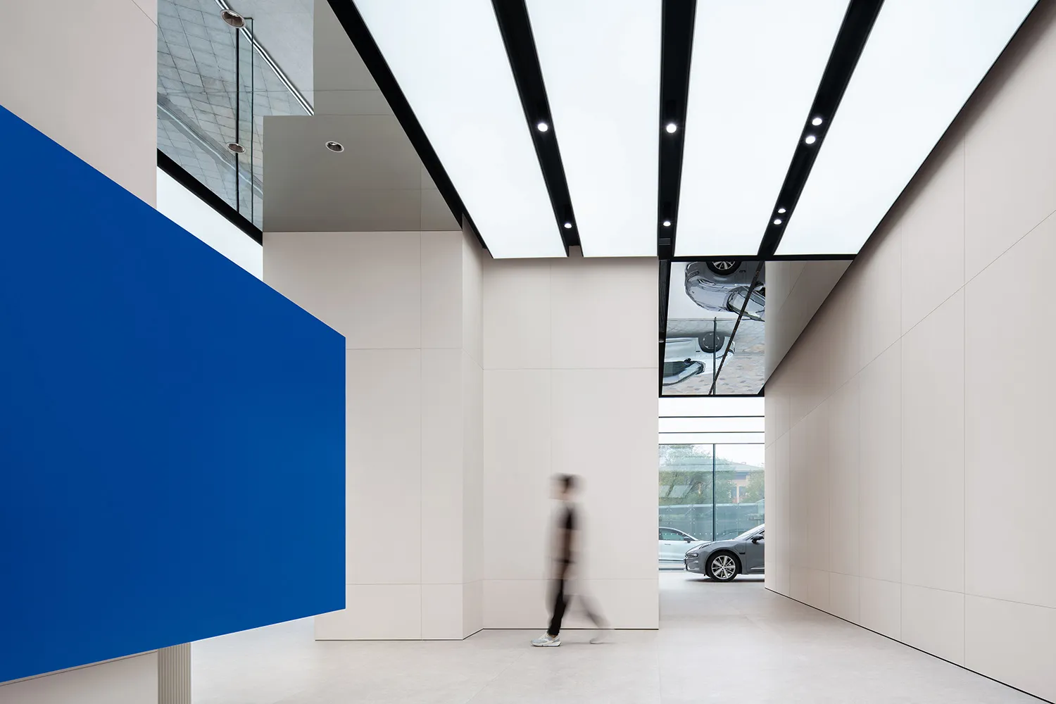 Modern car dealership interior with white and blue accent wall