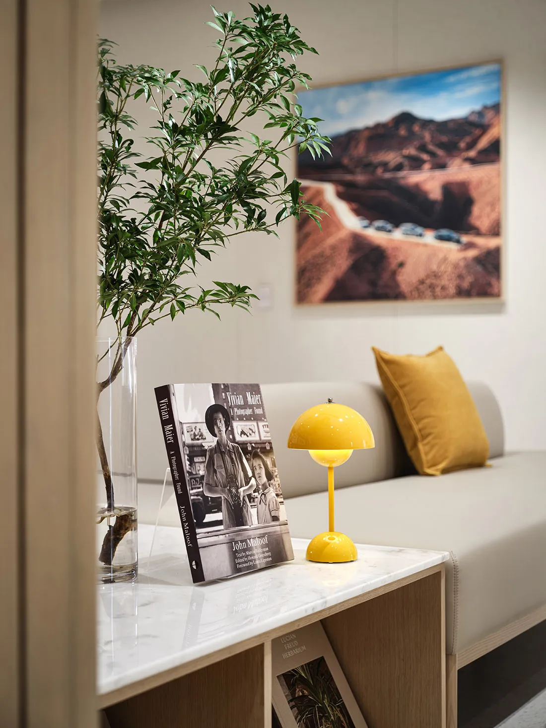 A modern living room featuring a sleek yellow table lamp, a green plant in a vase, and a book titled 'Vivian Maier: A Photogr