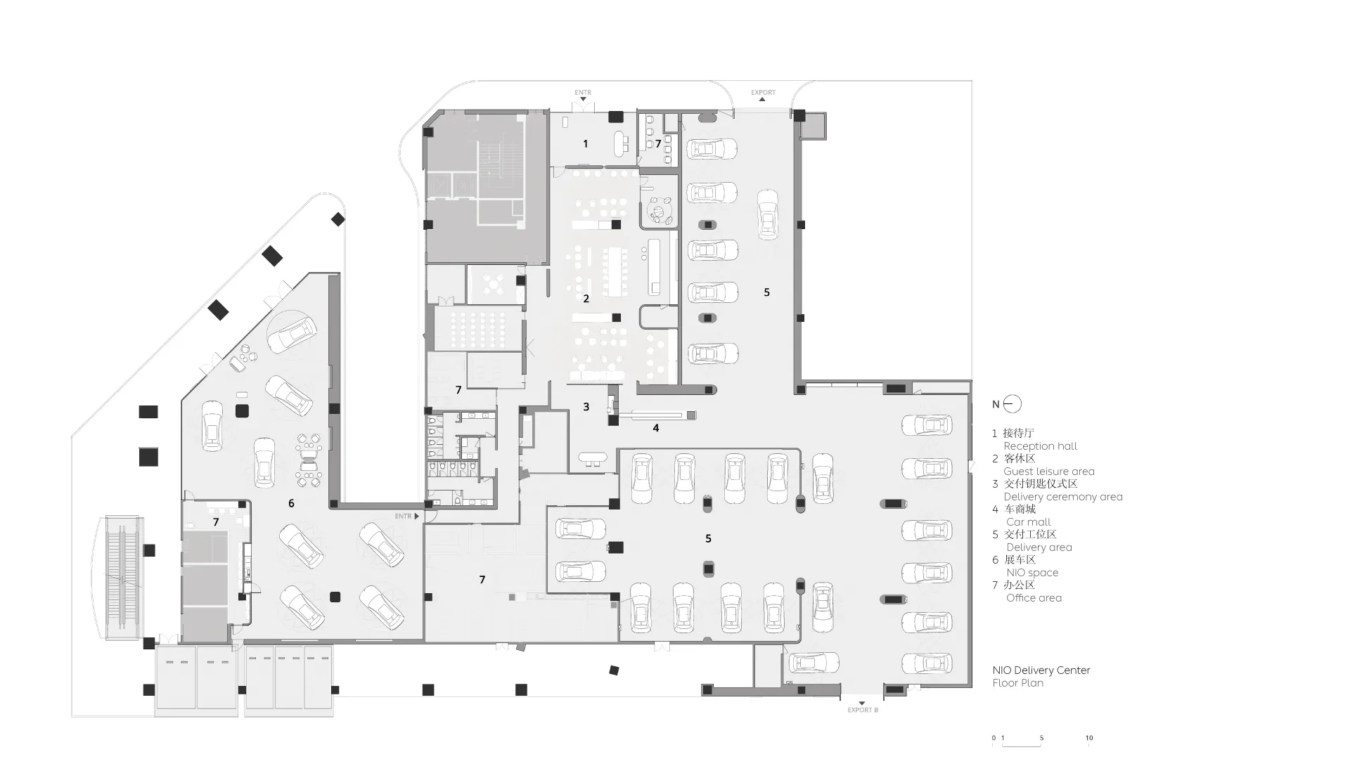 Floor plan of a commercial space showcasing various functional zones including reception, guest leisure, delivery ceremony, c