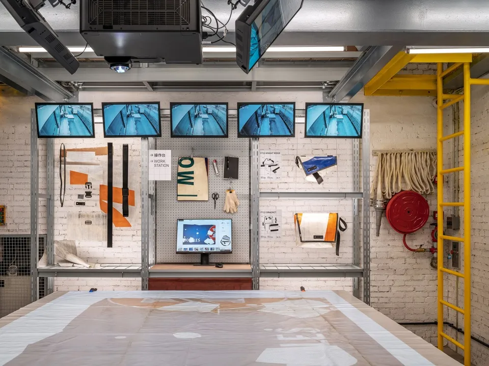 A workspace office interior setup with multiple monitors displaying video footage, work station designs, and various tools an