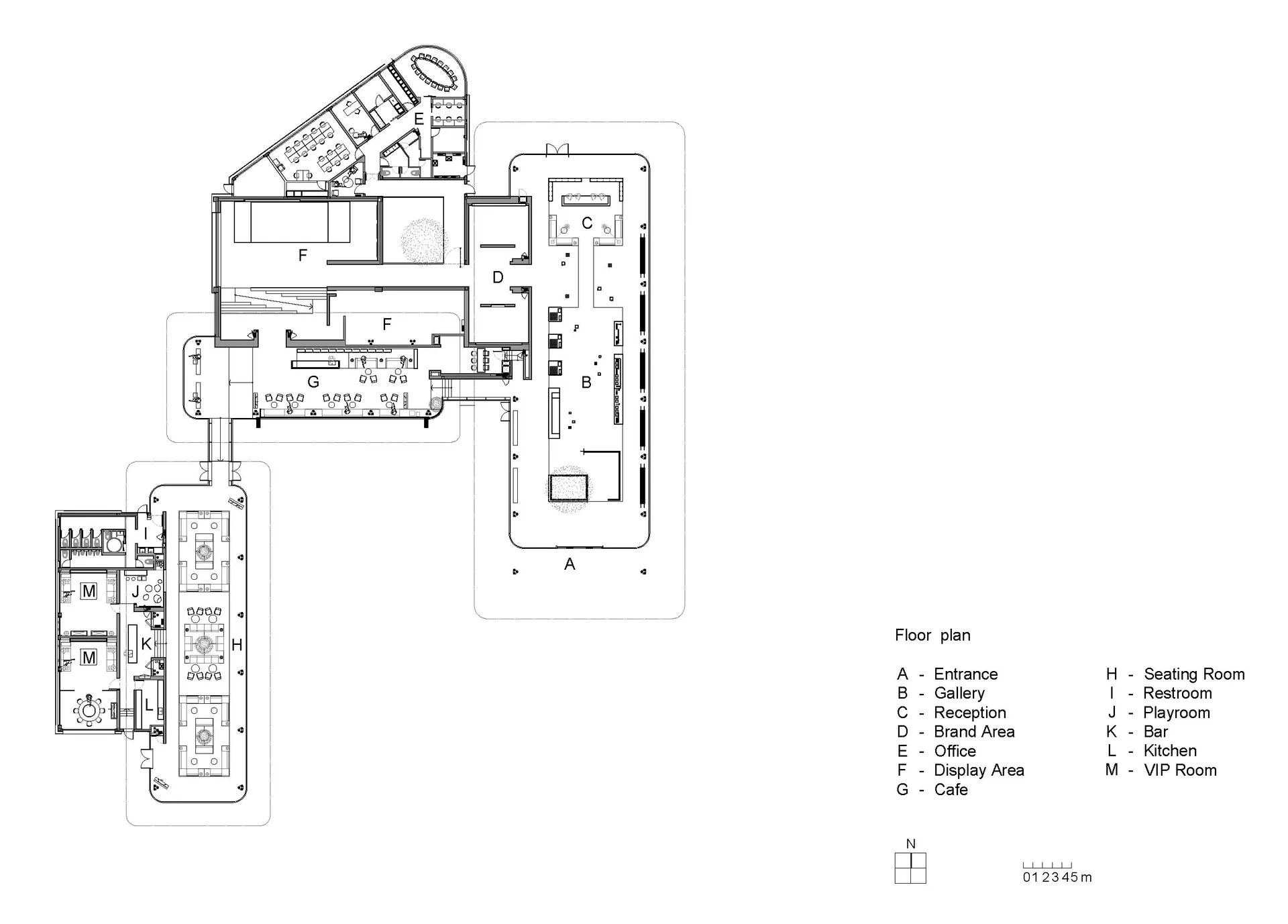 黑白建築圖，展示商業室內空間，標示各個房間與區域。