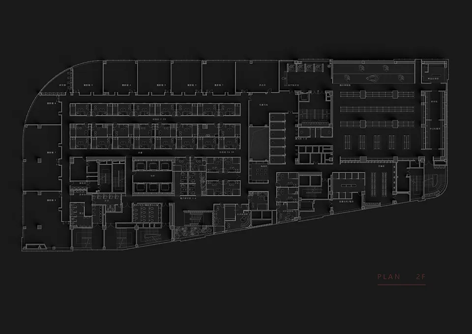 Digitally generated building floor plan layout with various rooms and spaces