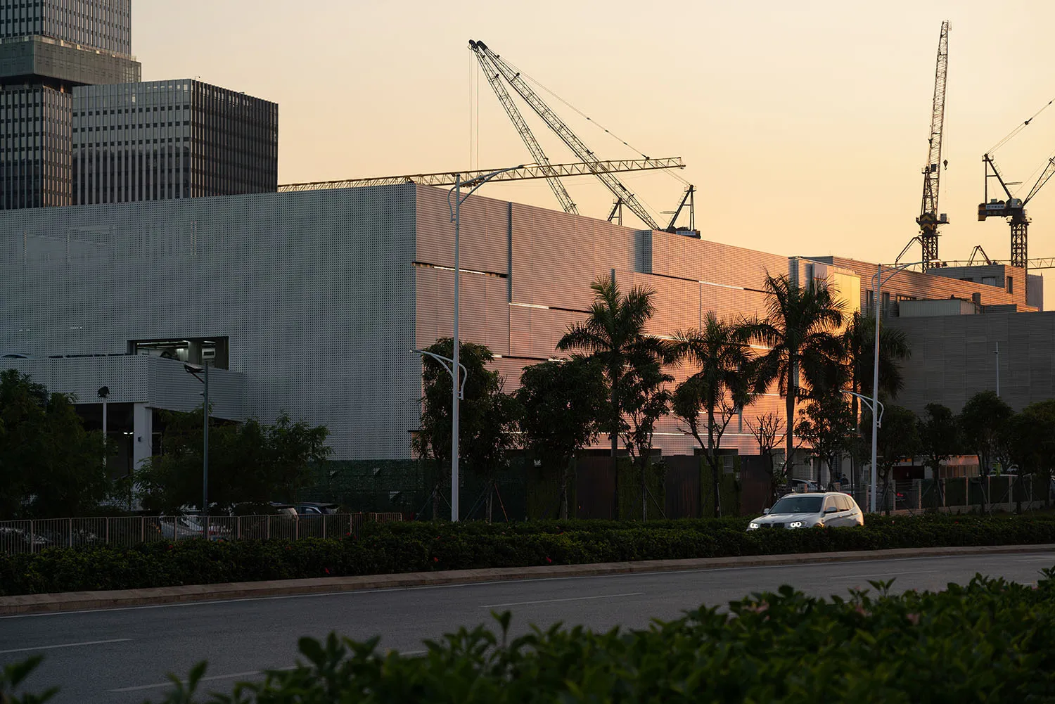 Modern building with metal cladding at a construction site surrounded by palm trees.