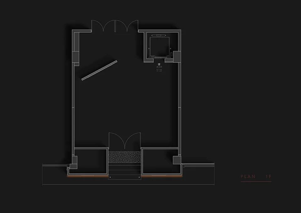 2D architectural drawing of a modern floor plan with black background