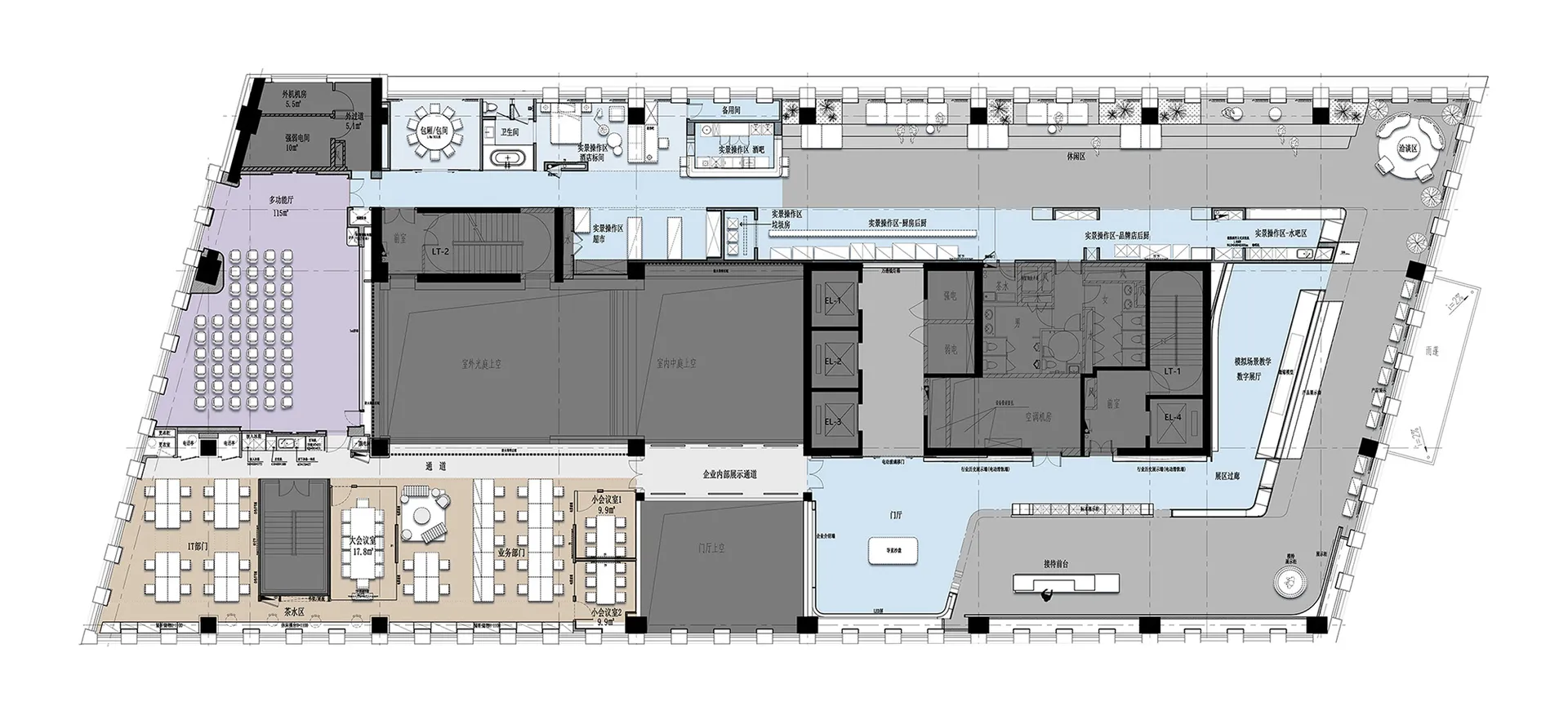 一張詳細的2D建築圖,描繪現代辦公空間內各個房間與功能區域。
