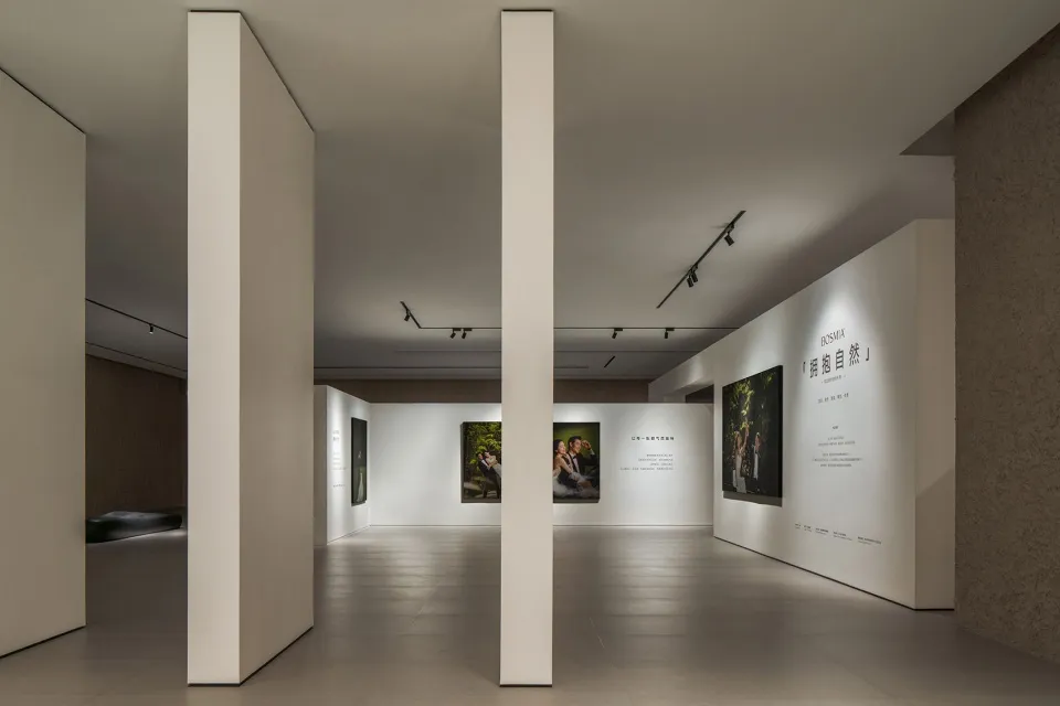 Modern art gallery with white walls displaying photographs in minimalist white frame.