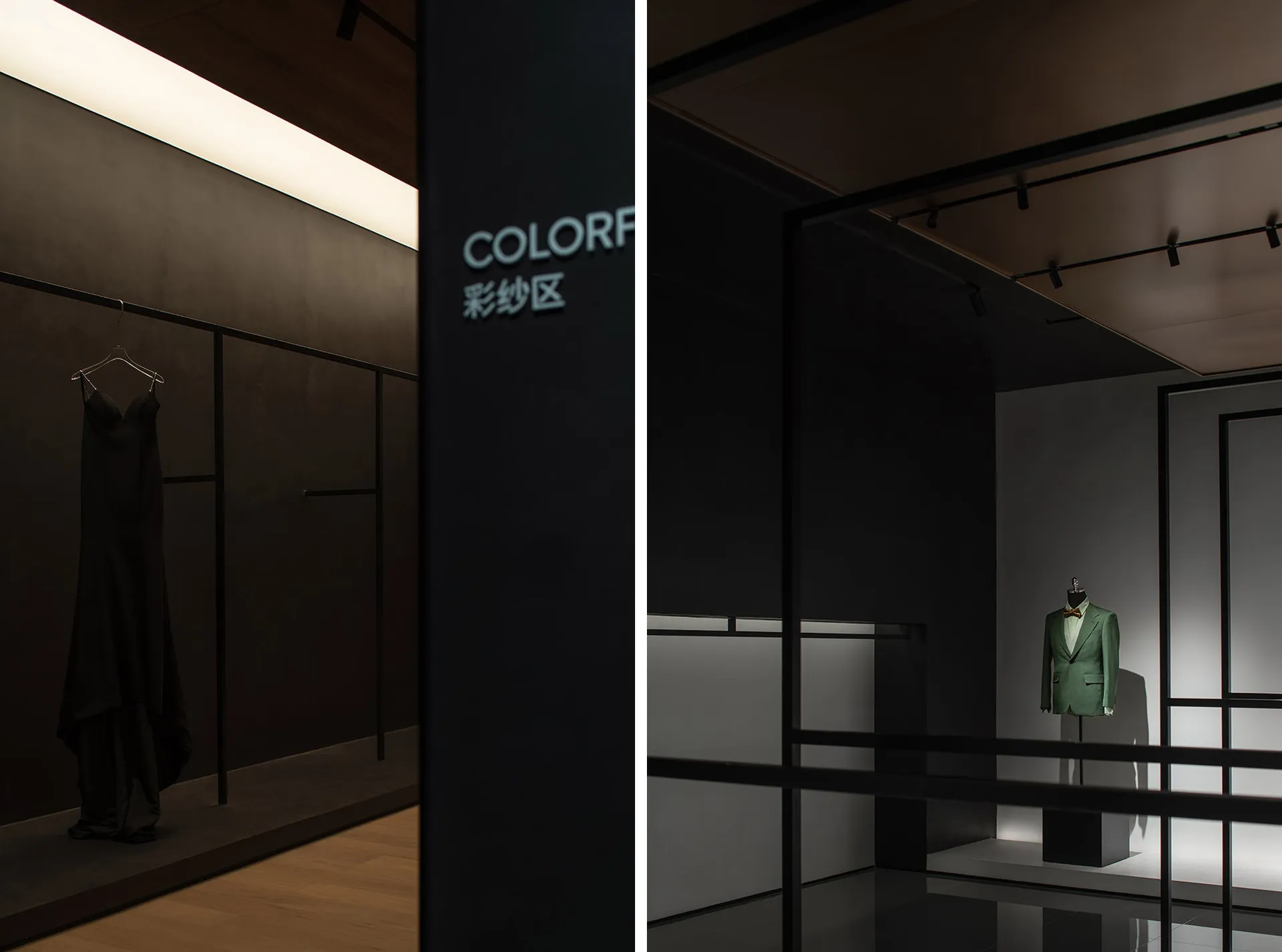 店內展示區的人體模型上，擺放著一件黑色禮服與一件綠色外套。