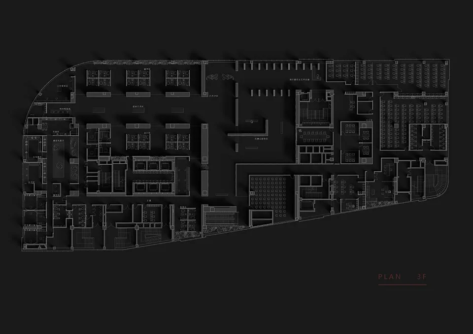 A detailed floor plan of an office layout with various sections and rooms.