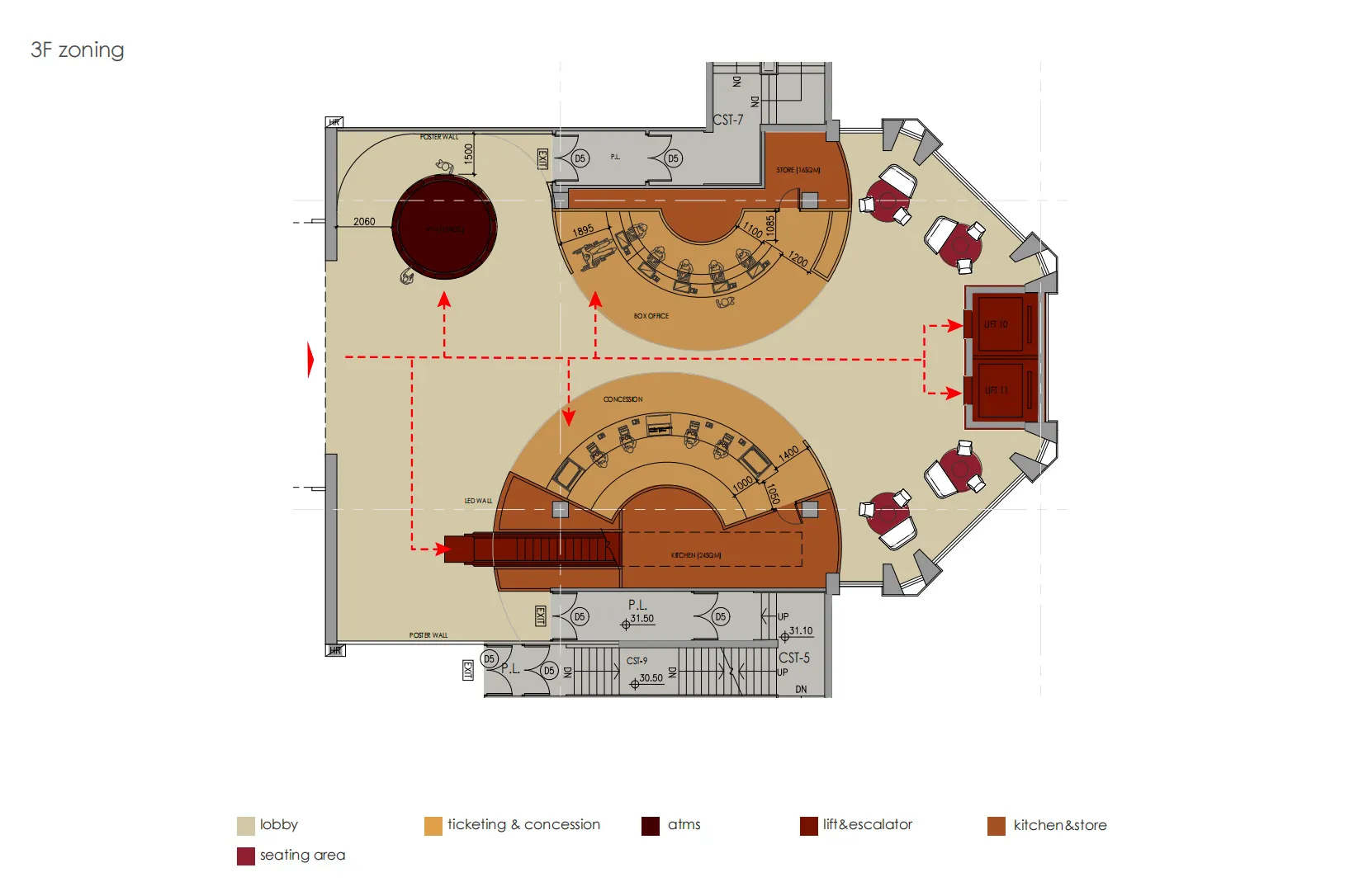 3D architectural rendering of a theater's 3rd floor, showing seating areas, ticketing, concession stands, and amenities.