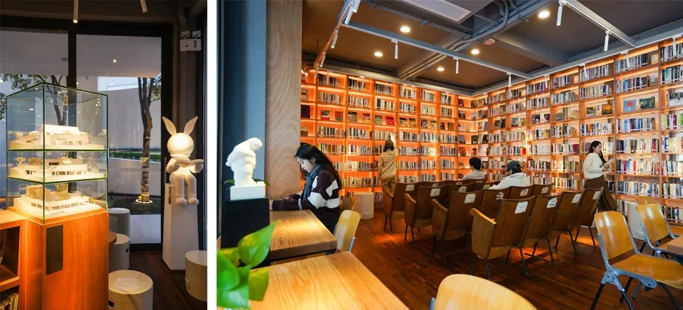 A modern library interior with wooden shelves filled with books.