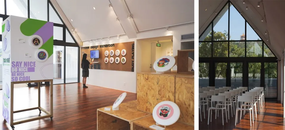 A modern retail exhibition space featuring wood OSB panels and interactive displays.