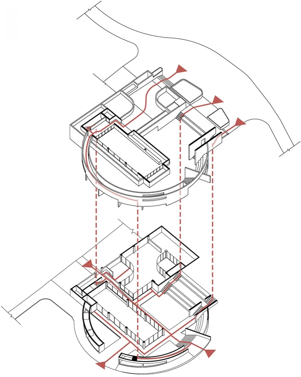 A technical architectural rendering depicting a 3D floor plan of a building with various structural components and pathways.