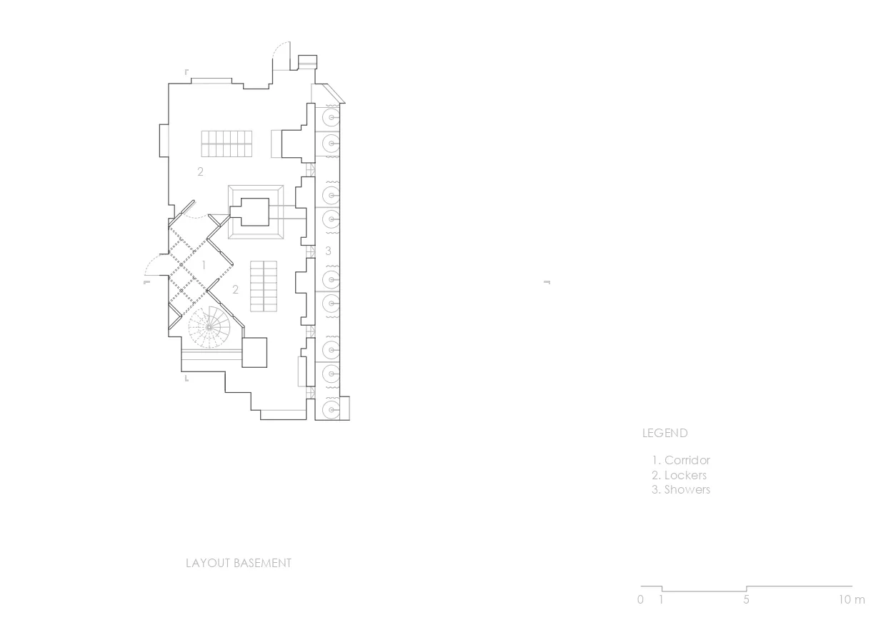A detailed, 2D architectural floor plan diagram of a basement layout featuring a corridor, lockers, and showers.