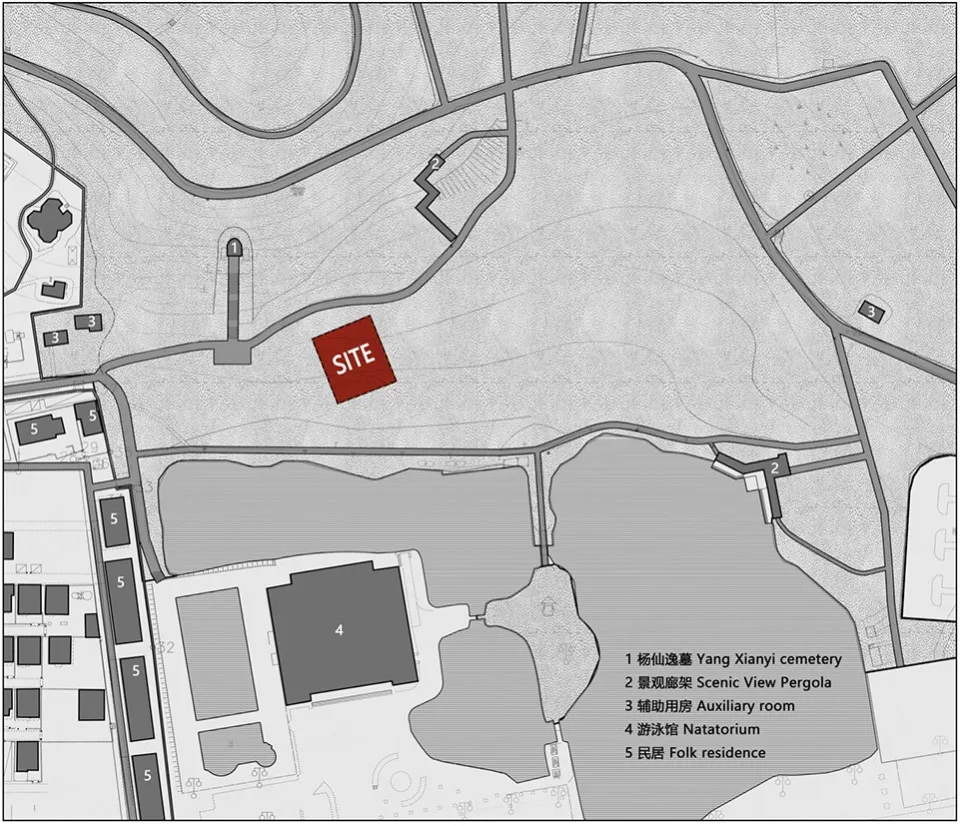 Site plan of a landscape design project, showing various elements such as roads, water bodies, and buildings.