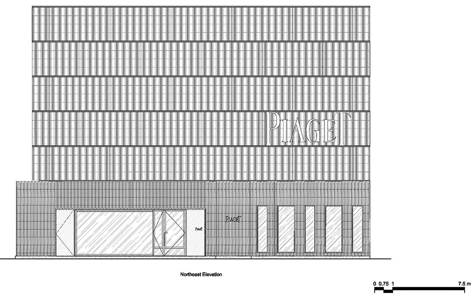 建築外觀剖面圖，展示金屬、皂石與天然石材的組合應用。