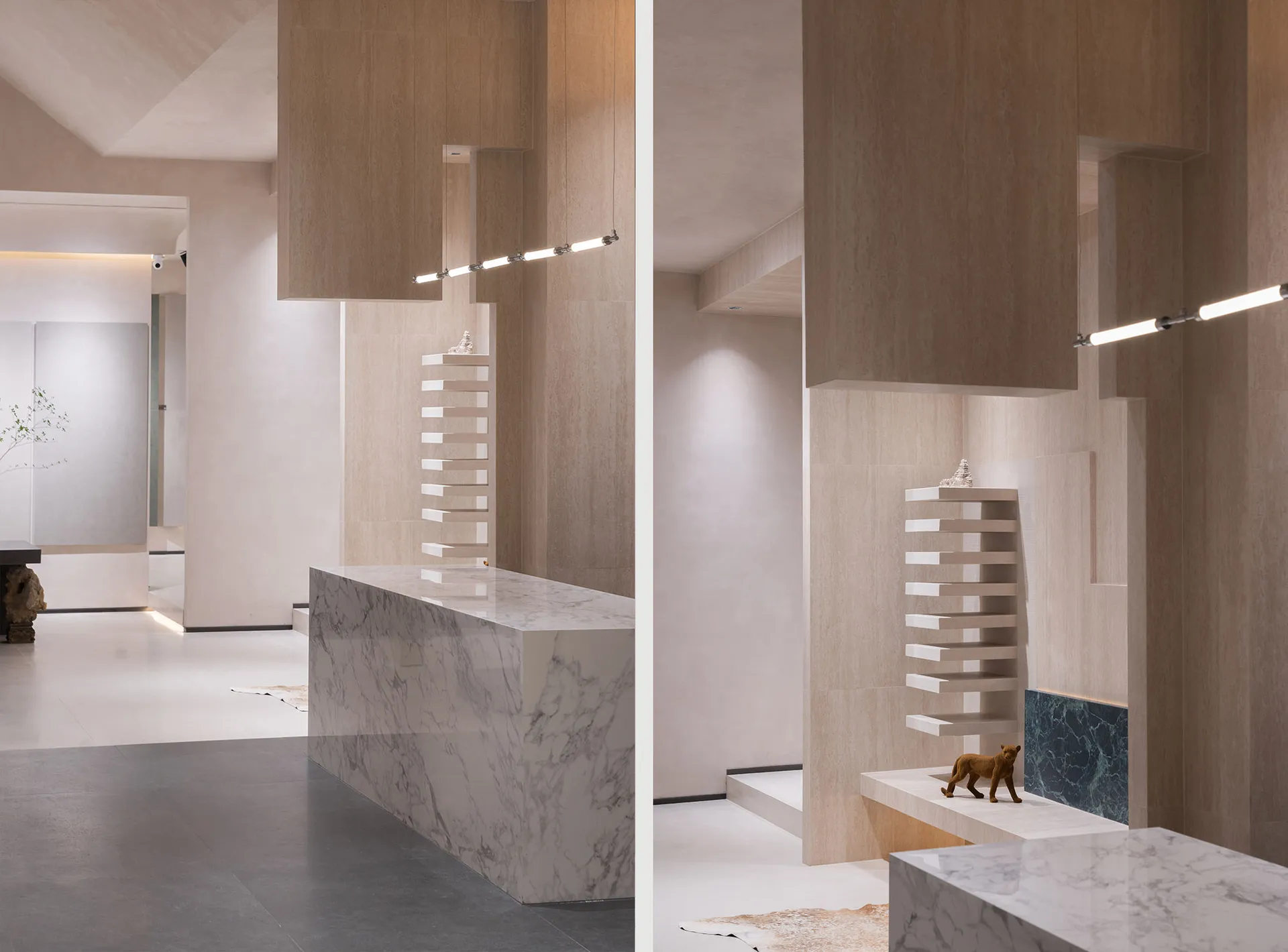 Modern office entry with concrete and marble materials.