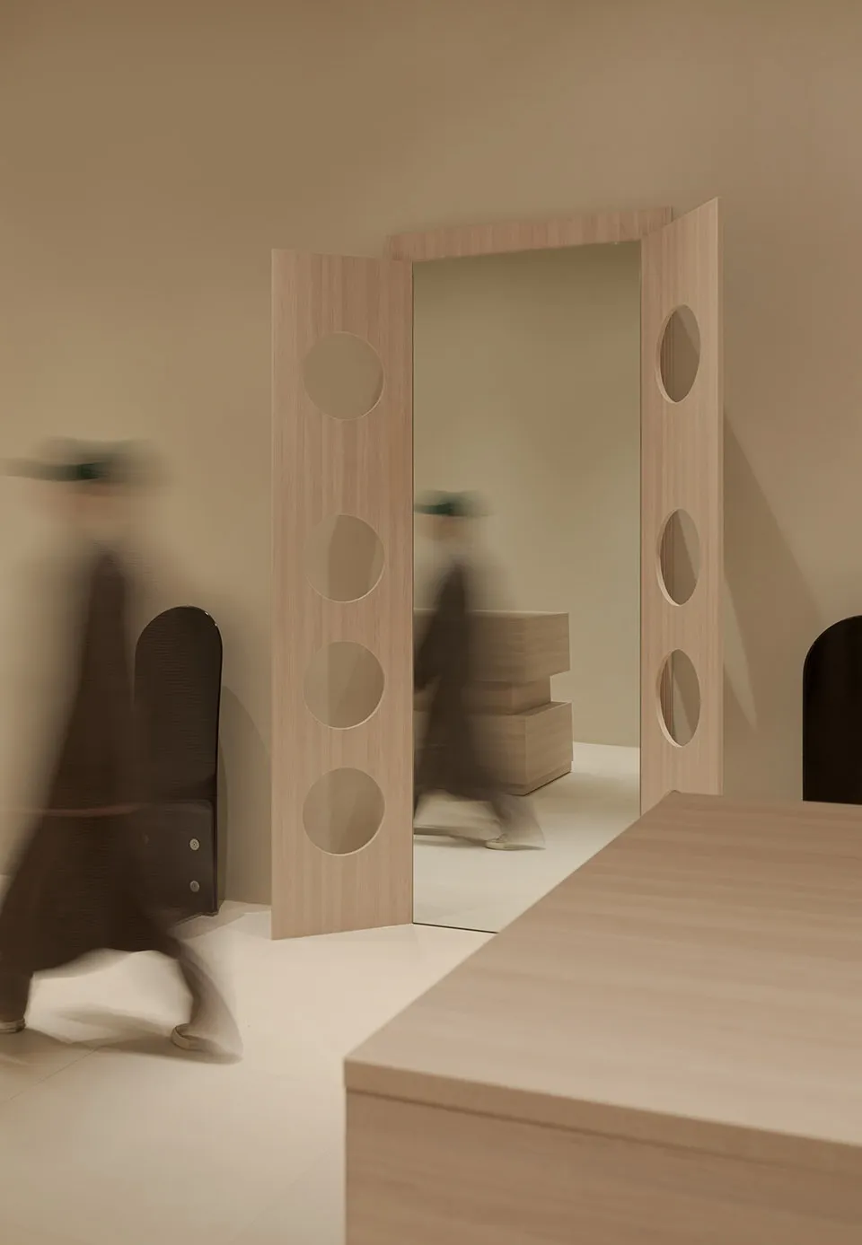 Modern minimalist office space with wood accents.