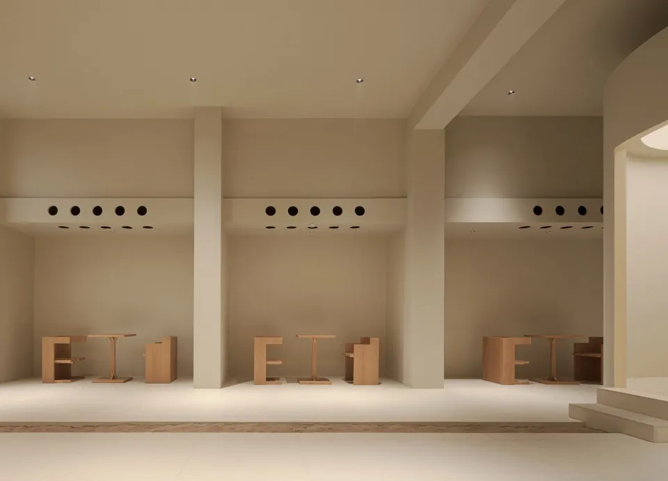 Modern retail storefront with wooden furniture and design elements