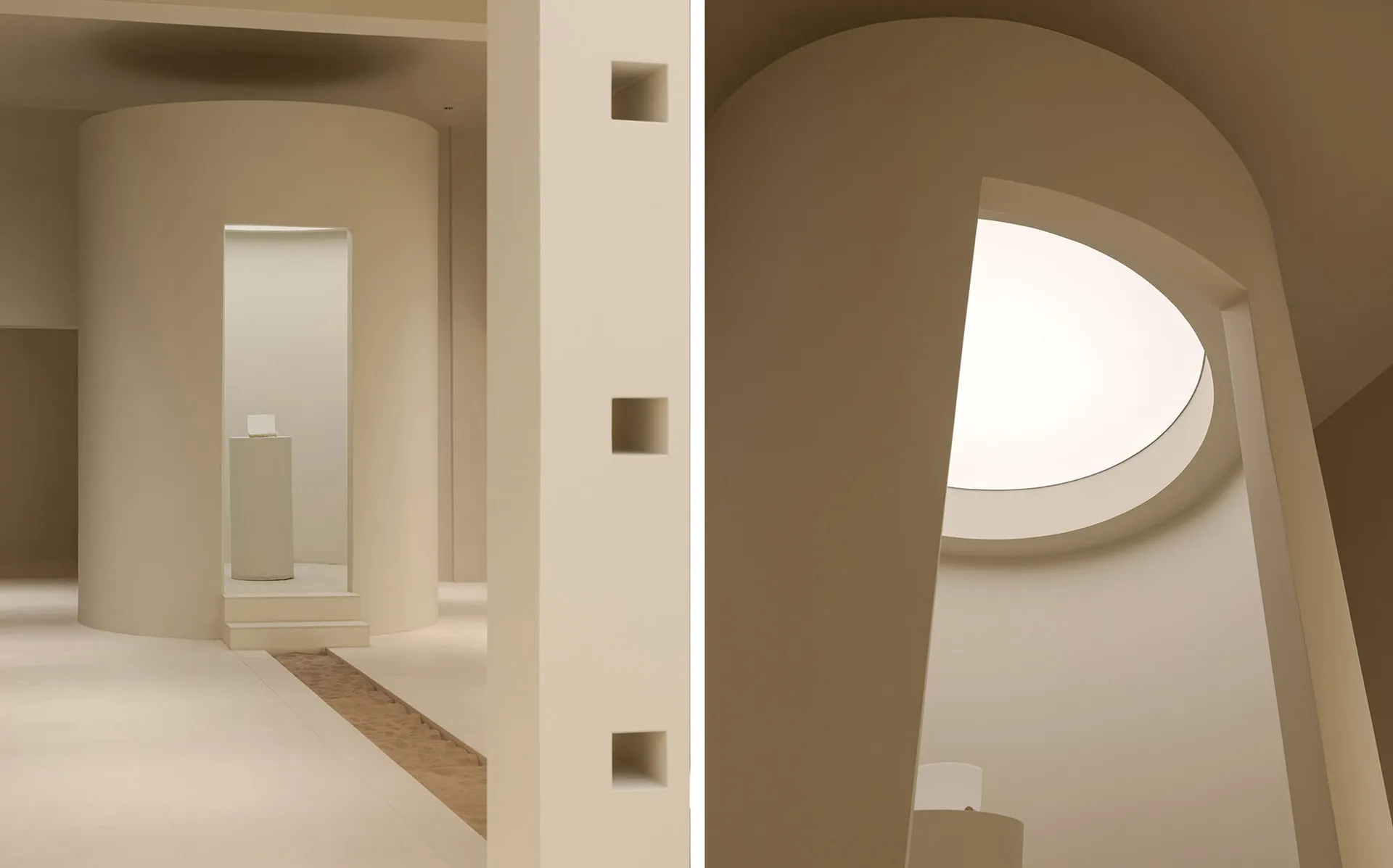 A modern minimalist space with white walls and neutral tones.