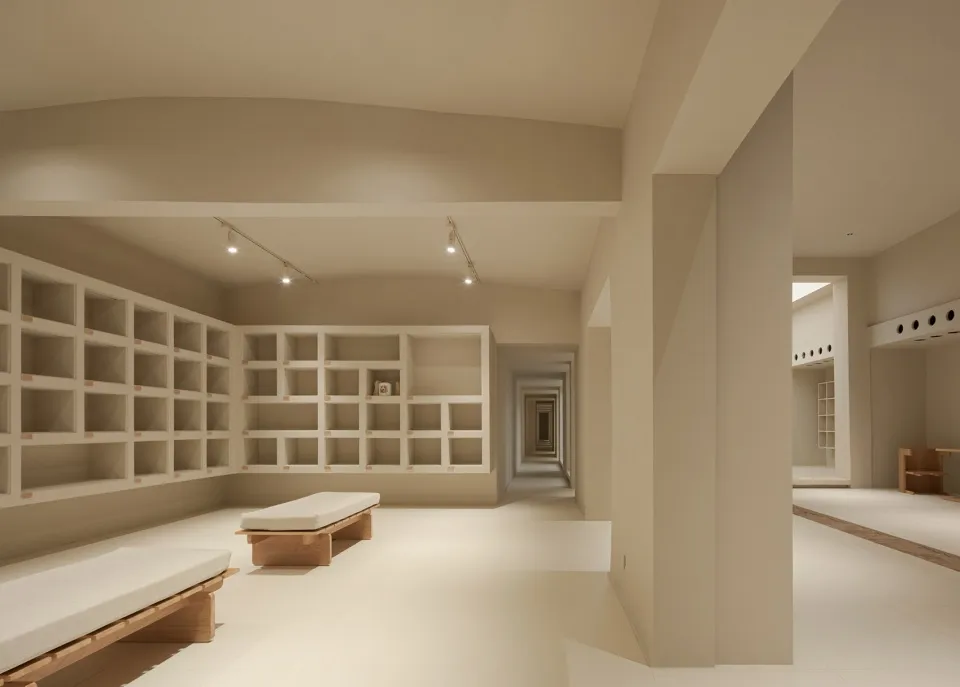 A minimalist bedroom with neutral-tones, including white walls and wooden furniture.
