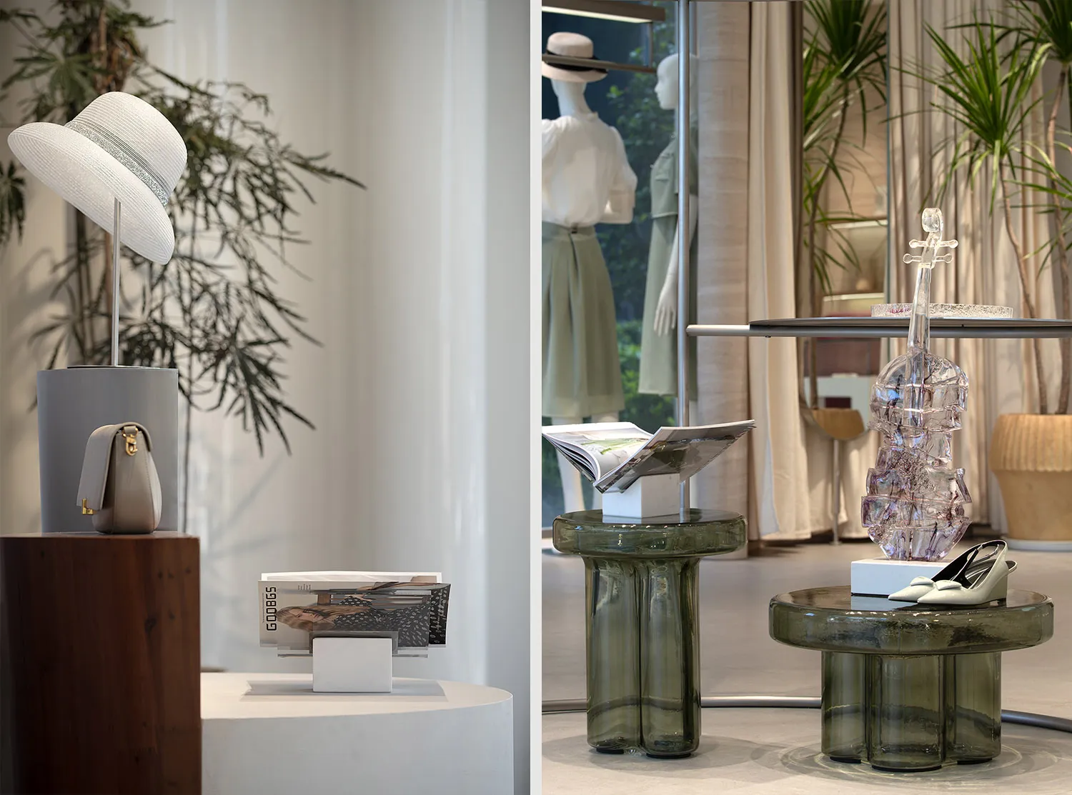 Glass and metal display tables with fashion accessories and dresses in the background.