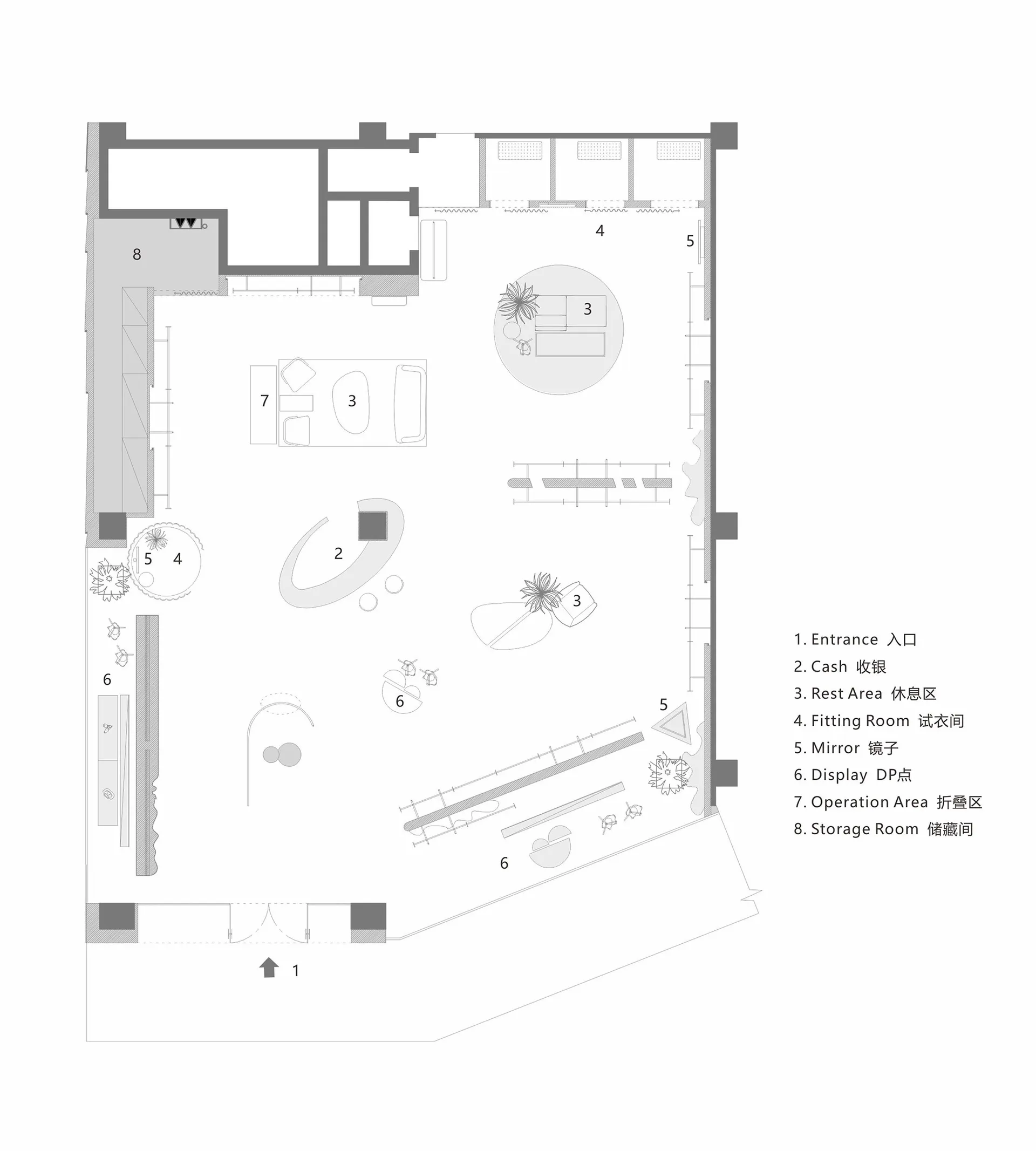 Retail shop design featuring mixed materials and a well-defined layout for customer convenience.