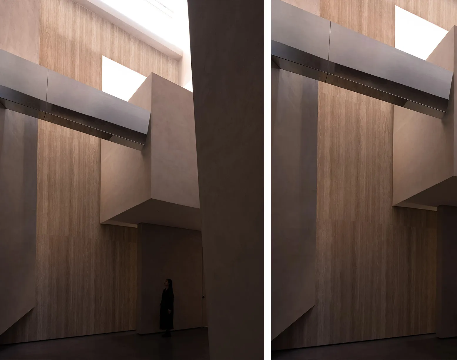A minimalist interior space featuring concrete and wood elements.