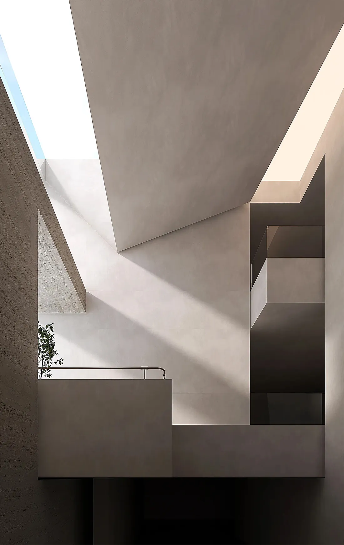 Modern, minimalist interior design featuring exposed concrete walls and geometric shapes.