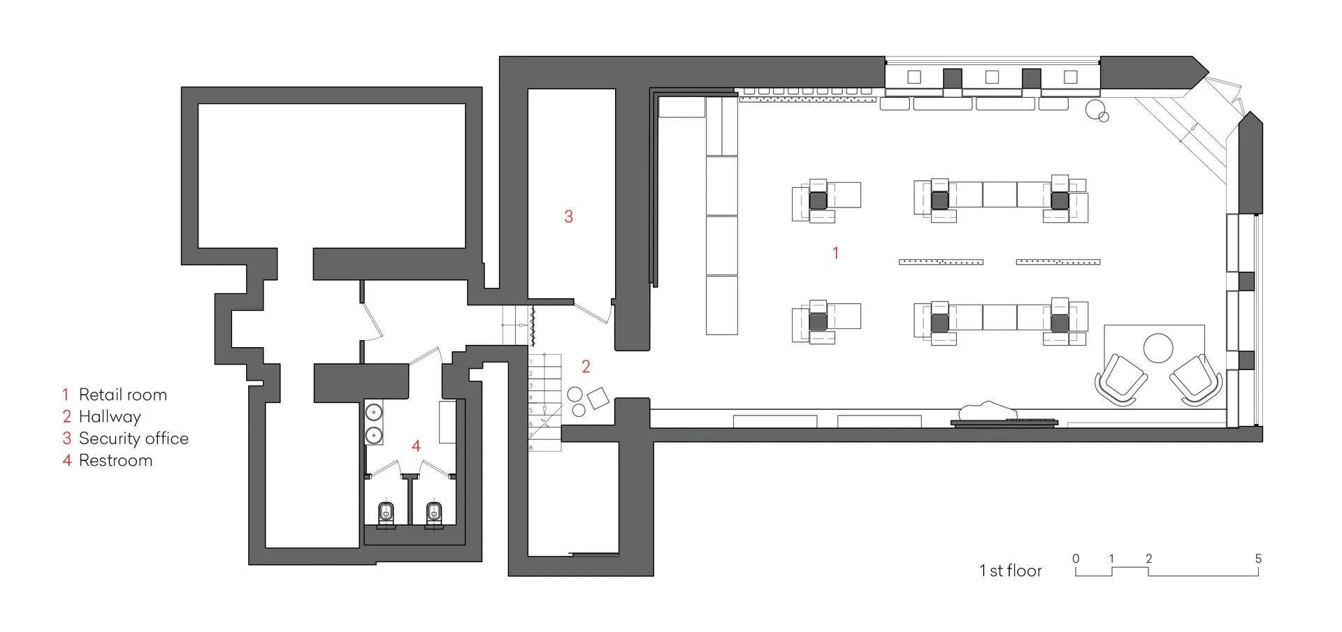 Retail store with concrete and glass materials, showing retail room, hallway, security office, and restroom.