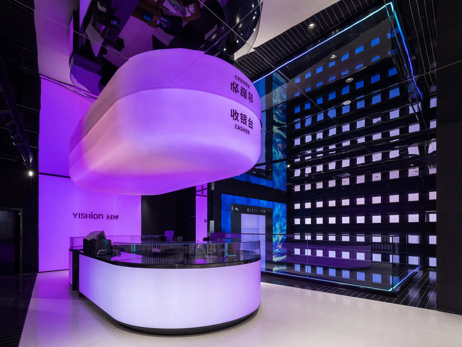 Modern retail store interior with bright LED lighting and futuristic design elements.