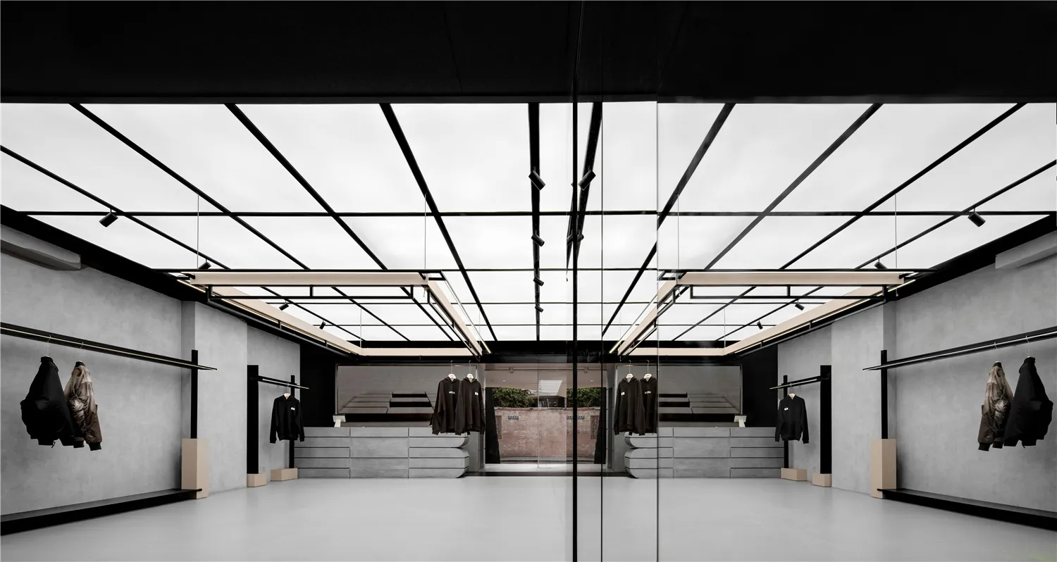 Modern retail space featuring concrete and glass materials